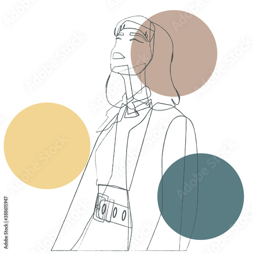 Hand-drawn simple sketch girl on white background with colorful circles
