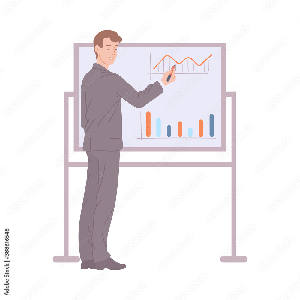 Businessman or coach near presentation board, flat vector illustration isolated. Businessman or coach near presentation board, flat vector illustration isolated.