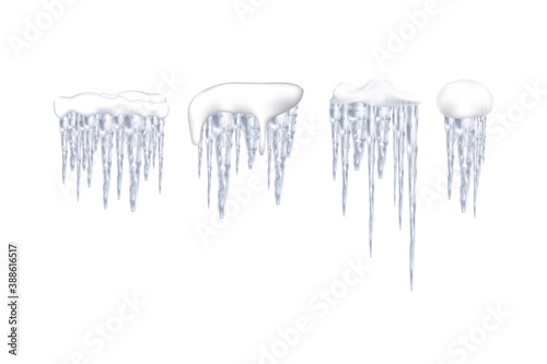 Set of snowy elements icicles and caps on winter background. Winter seasonal decorations. Vector template in realistic style.