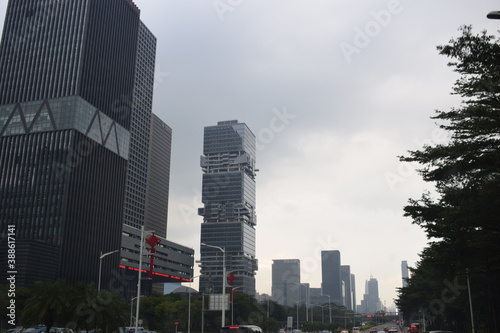 shen zhen city street and skyscrapers
