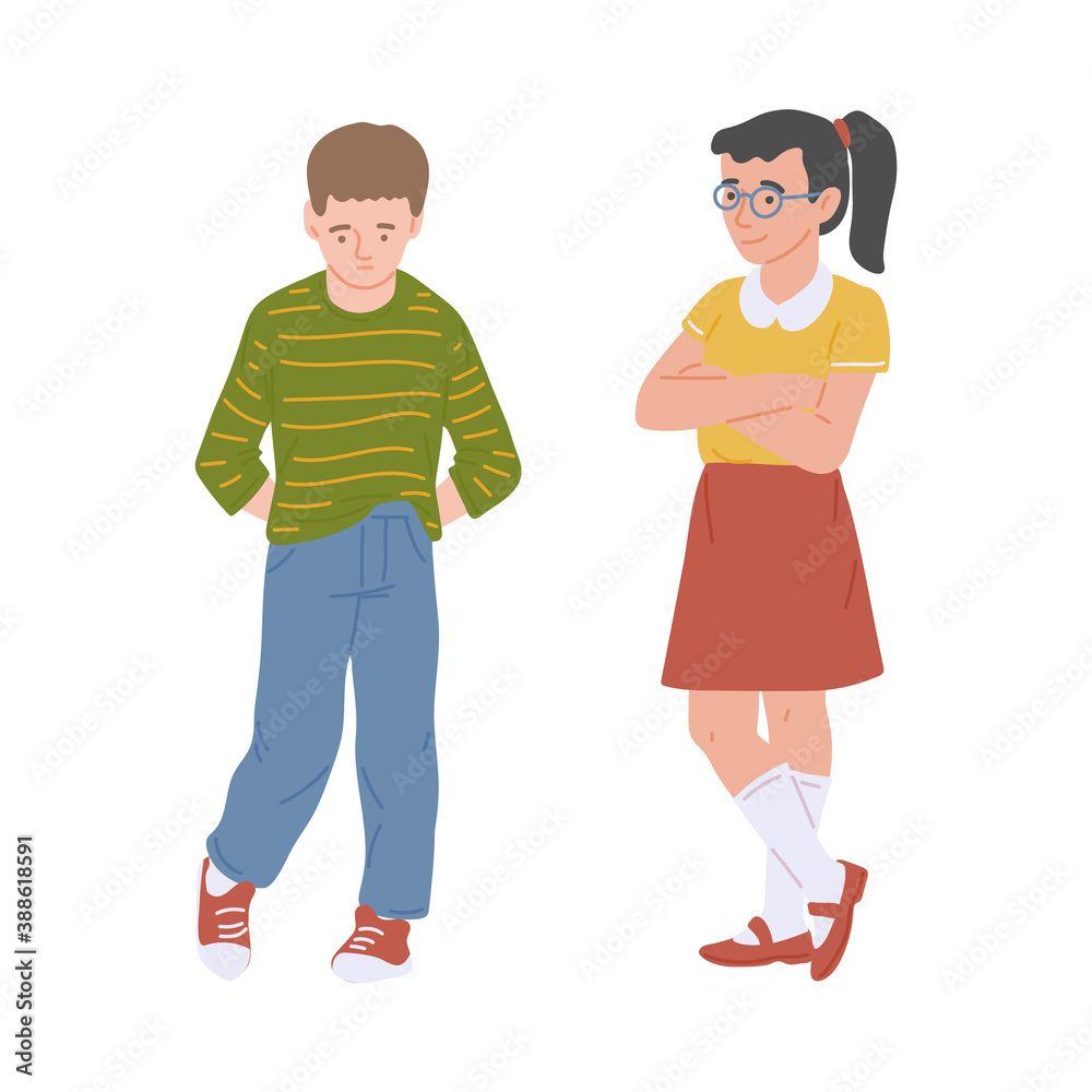 Confused kids have communicative problems, flat vector illustration isolated.