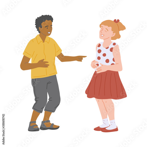 Boy making girl laugh behaving cute, flat cartoon vector illustration isolated