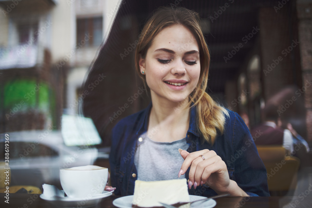 Cheerful woman cup of coffee cake lifestyle leisure Cheerful woman cup of coffee cake lifestyle leisure