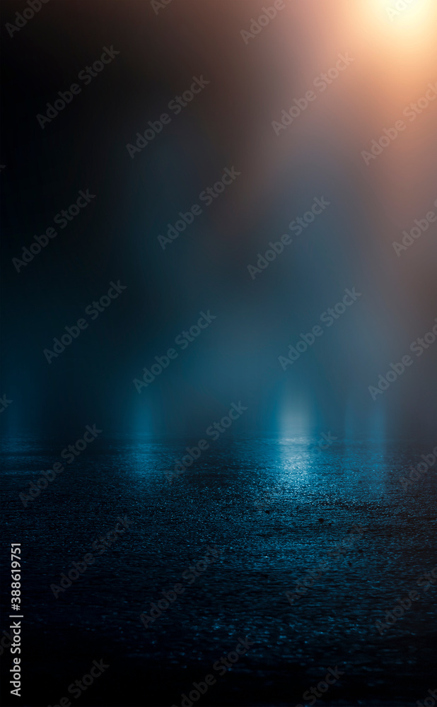 Dark street, wet asphalt, reflections of rays in the water. Abstract dark blue background, smoke, smog. Empty dark scene, neon light, spotlights. Concrete floor