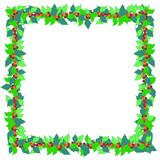 Christmas frame made of holly branches. Green leaves and red berries. Festive background for the New Year.