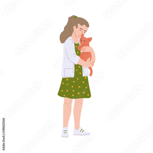 Little school girl hugging cat, flat cartoon vector illustration isolated