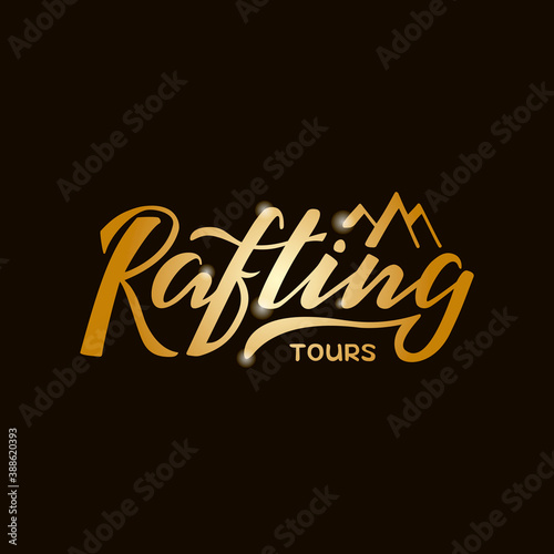 Vector illustration of rafting tours brush lettering for banner, leaflet, poster, clothes, logo, advertisement design. Handwritten text for template, signage, billboard, printing, price list, flyer
