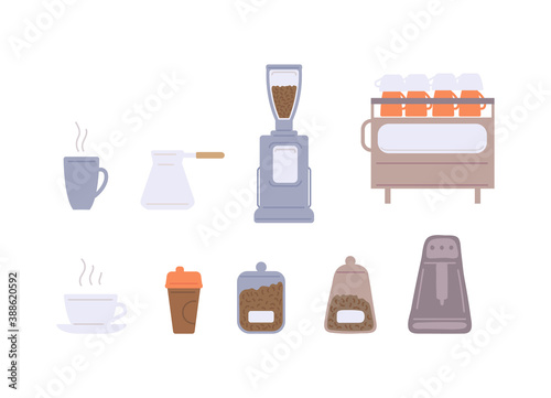 Set of barista coffee shop equipment, flat cartoon vector illustration isolated