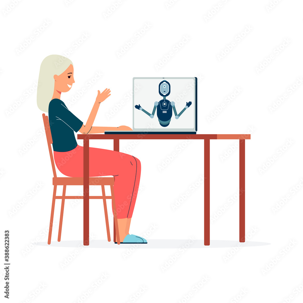 Woman communicating with chatbot service, flat vector illustration isolated. Woman communicating with chatbot service, flat vector illustration isolated.