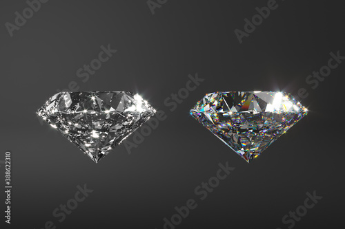 Comparison of real and fake diamonds. Shows perfect cut and light refraction. 3d rendering.