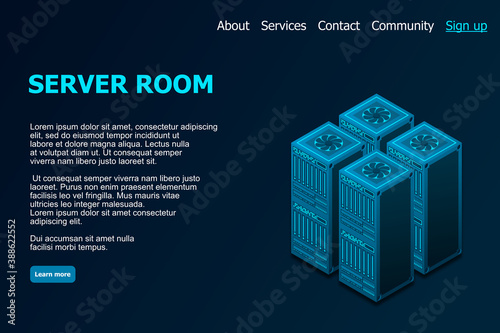 Datacenter isometric vector illustration. Abstract hosting server or data center room background. Network or mainframe infrastructure website layout. Computer storage or farming workstation.