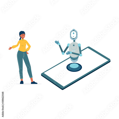 Woman talking with virtual chatbot assistant flat vector illustration isolated.