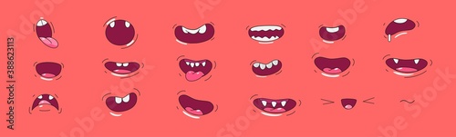 Big set of cartoon mouths and smiles. Painted style, illustration with outline. Vector illustration.