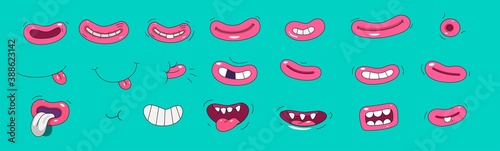 Big set of cartoon mouths and smiles. Painted style, illustration with outline. Vector illustration.