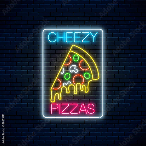 Slice of pizza with dripping cheese in neon style. Piece of italian pizza with tomatos, mushrooms and cheese. Cafe menu item in rectangle frame on a dark brick wall background. Vector illustration.