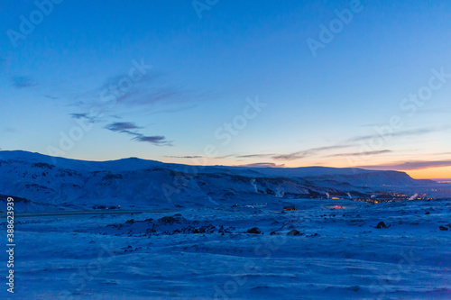 Pre-dawn mountain landscape in Iceland. Unusual light.