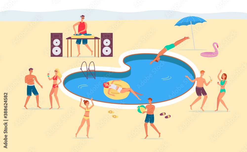 Summer fun party by the pool or beach vector flat illustration