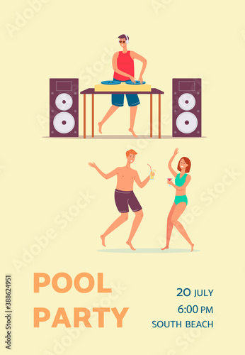 Pool party invitation card with DJ holds music party, flat vector illustration.