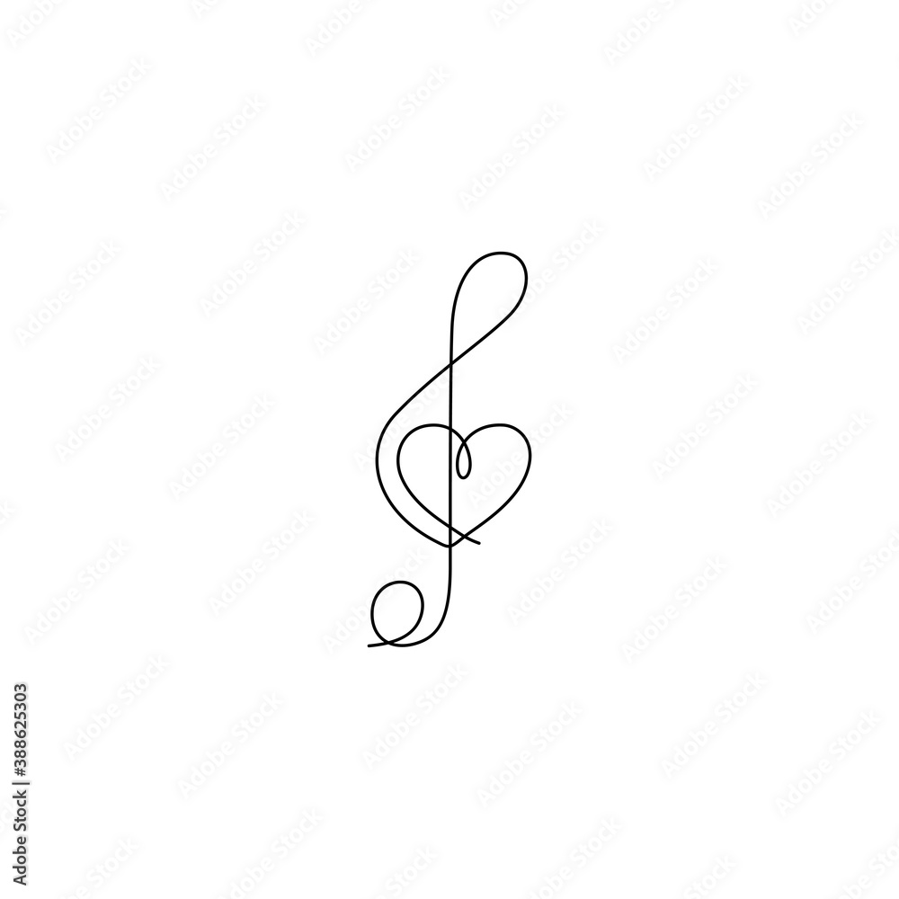 Continuous line drawing. Treble clef with heart. Music key. Black isolated on white background. Hand drawn vector illustration. Continuous line drawing. Treble clef with heart. Music key. Black isolated on white background. Hand drawn vector illustration.