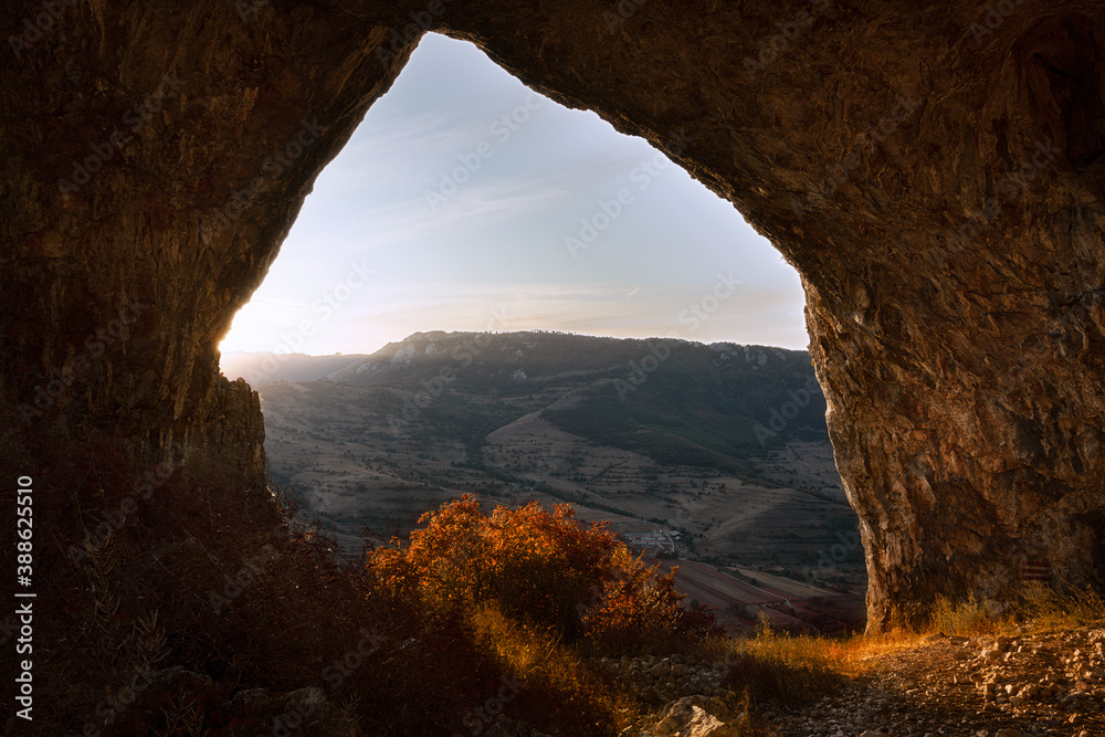 beautiful view from cave at dawn