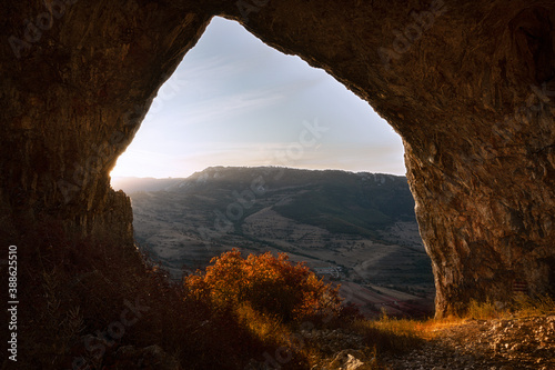 beautiful view from cave at dawn