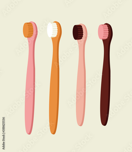 Vector illustration of four colored toothbrushes in pink  yellow  and burgundy color. Hand-drawn illustration of dental care tools. Trendy set for web and print design.