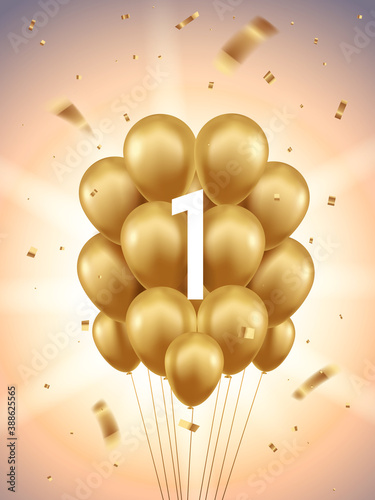 1st Year anniversary celebration background. Golden balloons and confetti with sunbeams in background.
