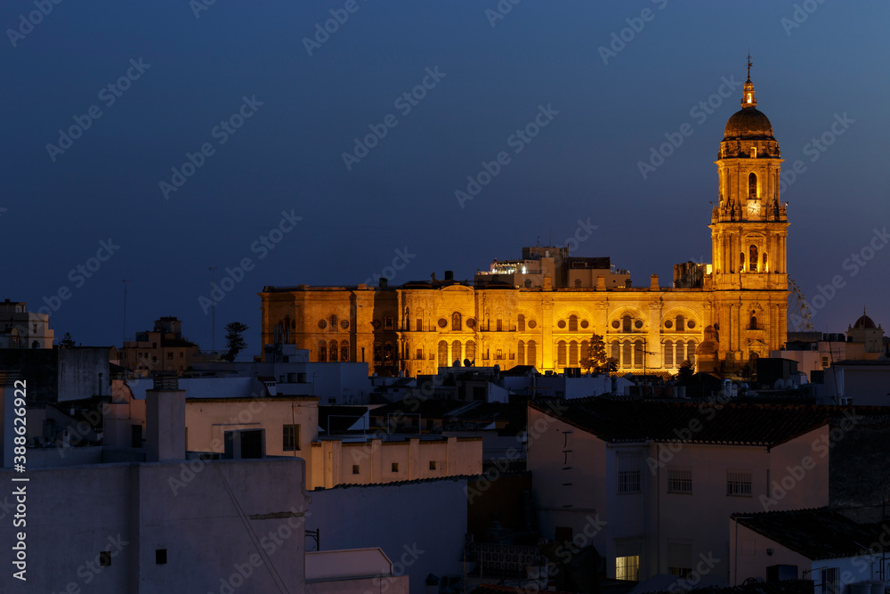 The Cathedral of the city of Málaga illuminated at night. It was constructed between 1528 and 1782 in Andalusia, southern Spain