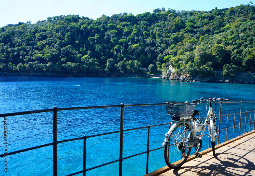Bicycle on a  turquoise bay, near Portofino. Liguria, Italy