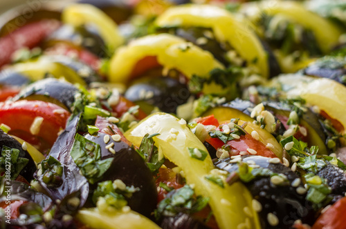 Ratatouille Diet Vegetarian Vegan Food - A traditional French Provencal vegetable dish, raw ingredients for baking in the oven, macro photo.