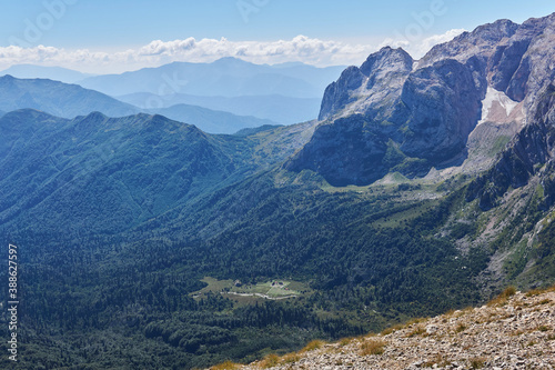 view of the valley of Mount Fisht with the tourist shelter of the same name in the Caucasian nature reserve