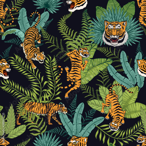 Japanese tigers with tropical leaves. Wild animal with green plants. Banner or poster for advertising or web.