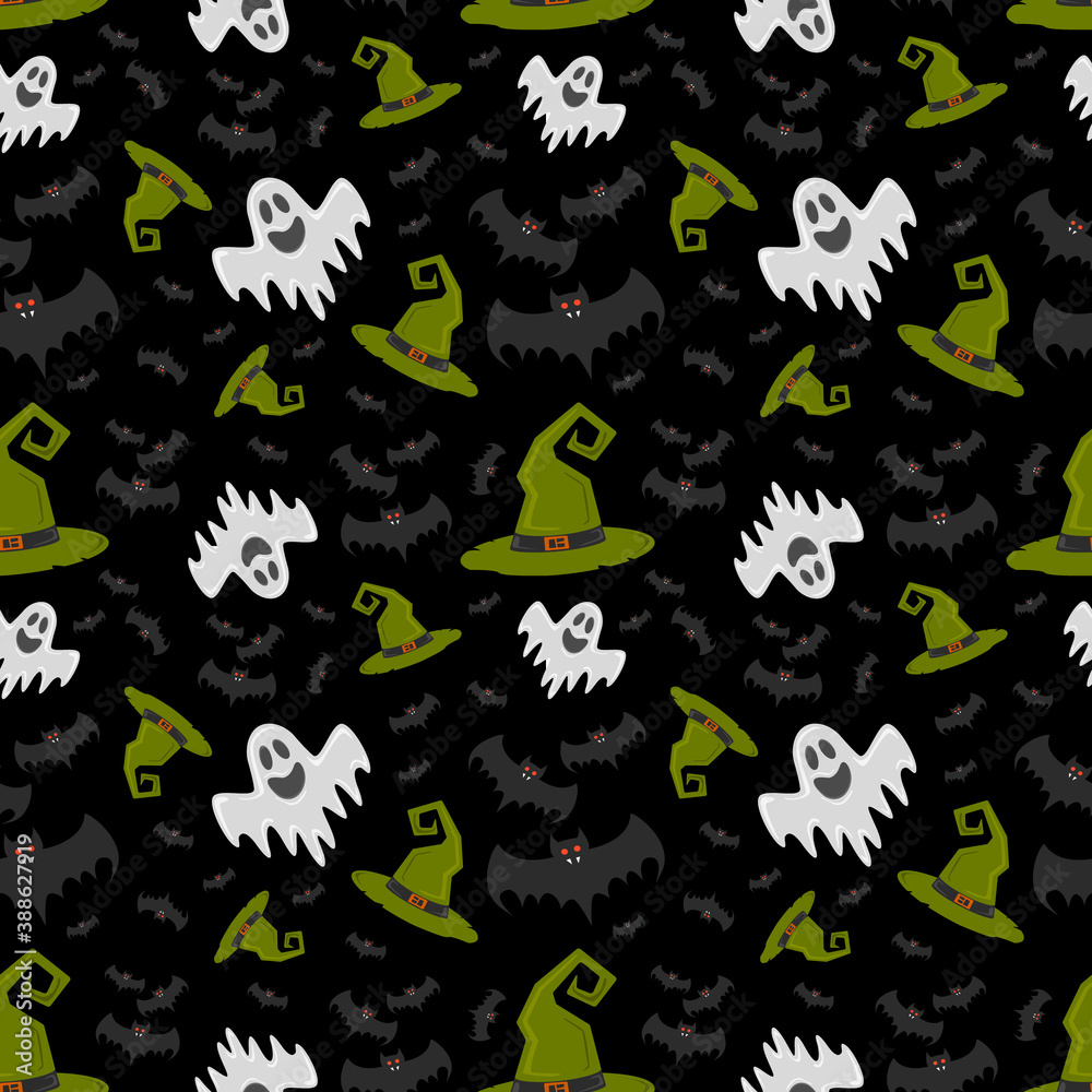 Pattern with ghost, bats and witch hat . Helloween. illustration. or gift paper, textiles, clothes, social networks, wallpaper, prints, festive decor. Pattern with ghost, bats and witch hat . Helloween. illustration. or gift paper, textiles, clothes, social networks, wallpaper, prints, festive decor.