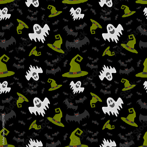 Pattern with ghost, bats and witch hat . Helloween.  illustration. or gift paper, textiles, clothes, social networks, wallpaper, prints, festive decor.