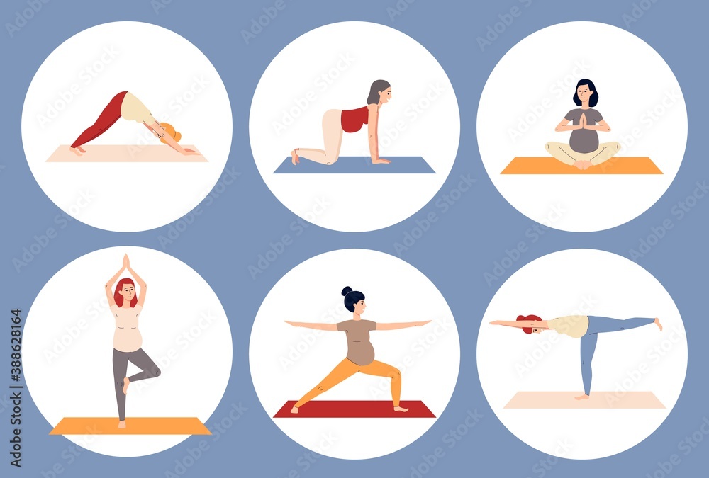 Circle banners with pregnant women doing yoga flat vector illustration isolated.