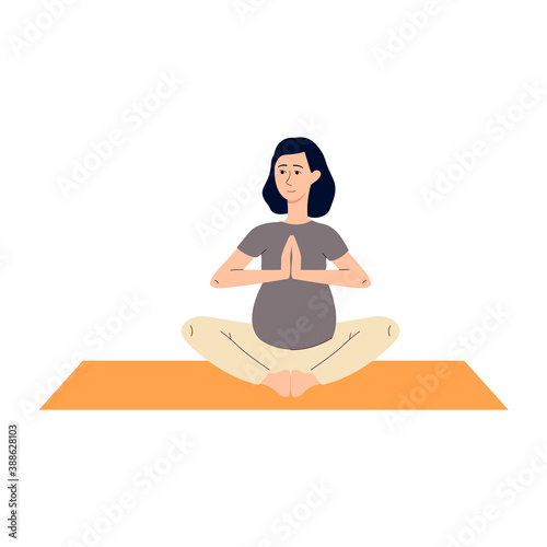 Young pregnant woman sitting in lotus position, flat cartoon vector illustration