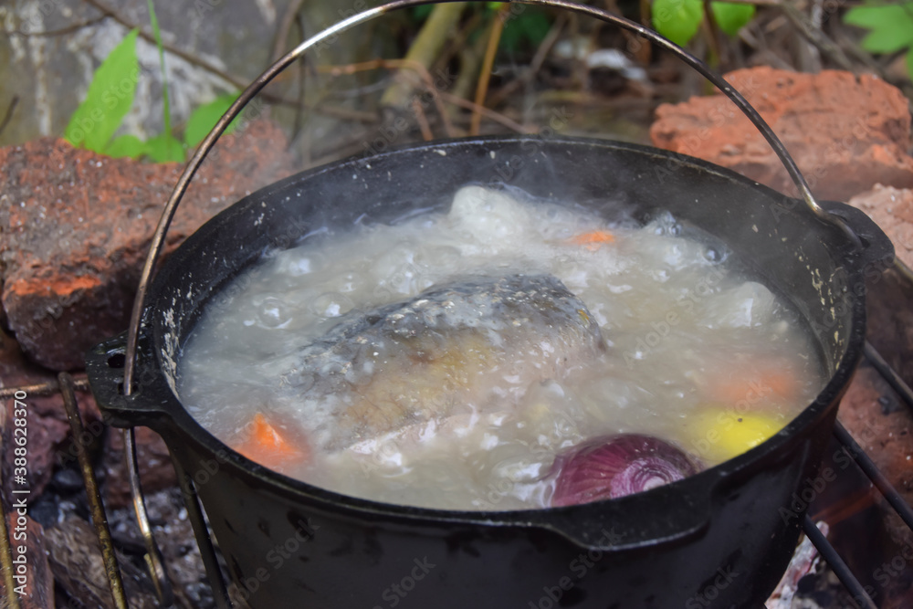fish soup with onions and carrots on the fire in a cauldron fish soup with onions and carrots on the fire in a cauldron
