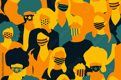 Women crowd wearing medical masks abstract seamless pattern. Repetitive abstract vector illustration of women crowd. Stylish medical mask, women crowd, Freedom, Independence, Equality.