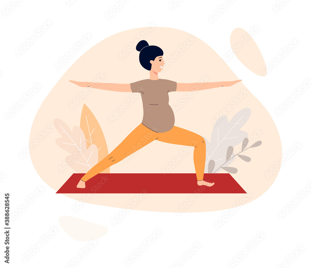 Pregnant woman standing in yoga asana, flat vector illustration isolated.