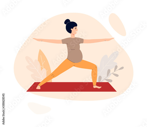 Pregnant woman standing in yoga asana, flat vector illustration isolated.