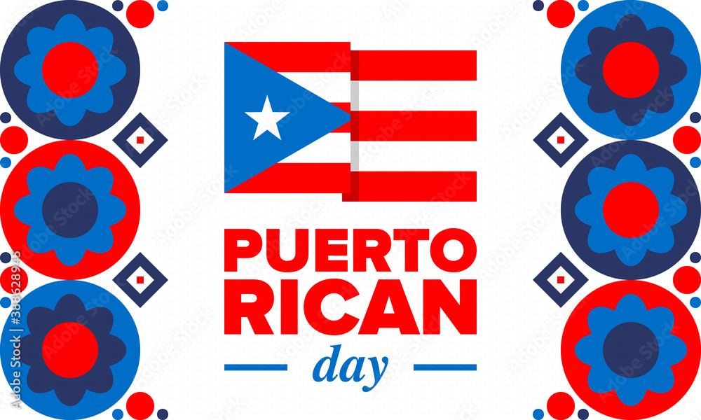 Fototapeta premium Puerto Rican Day. National happy holiday. Festival and parade in honor of independence and freedom. Puerto Rico flag. Latin american country. Patriotic elements. Vector poster illustration