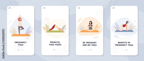 Onboarding pages for prenatal yoga with pregnant women flat vector illustration.