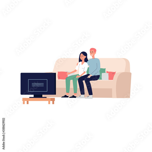 Couple watching movie at home on comfortable sofa, flat vector illustration.