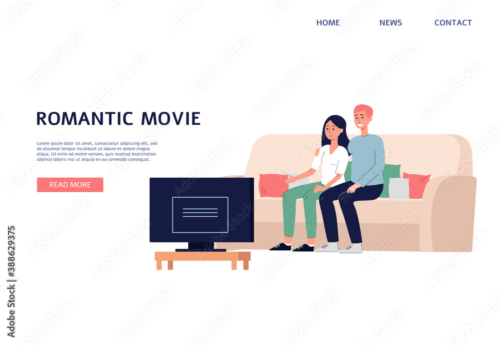 Web landing page with couple watching romantic movie, flat vector illustration.