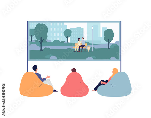 People watching movie in home cinema theater flat vector illustration isolated.