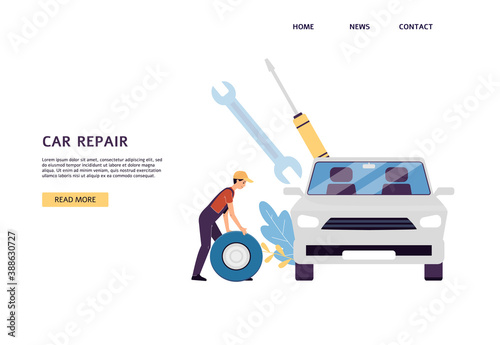 Car service website page with repairman near car flat vector illustration.
