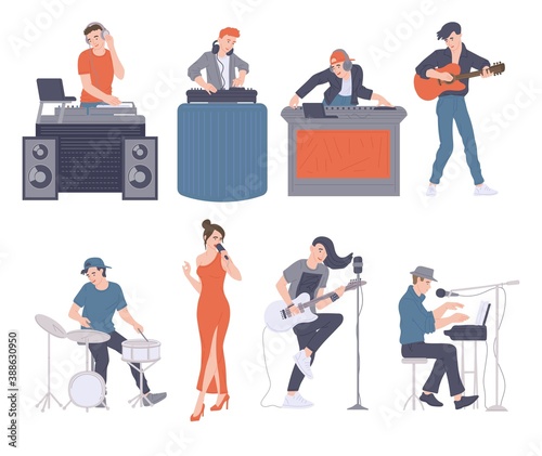 Set of vector characters of musicians, singers and DJs with musical equipment