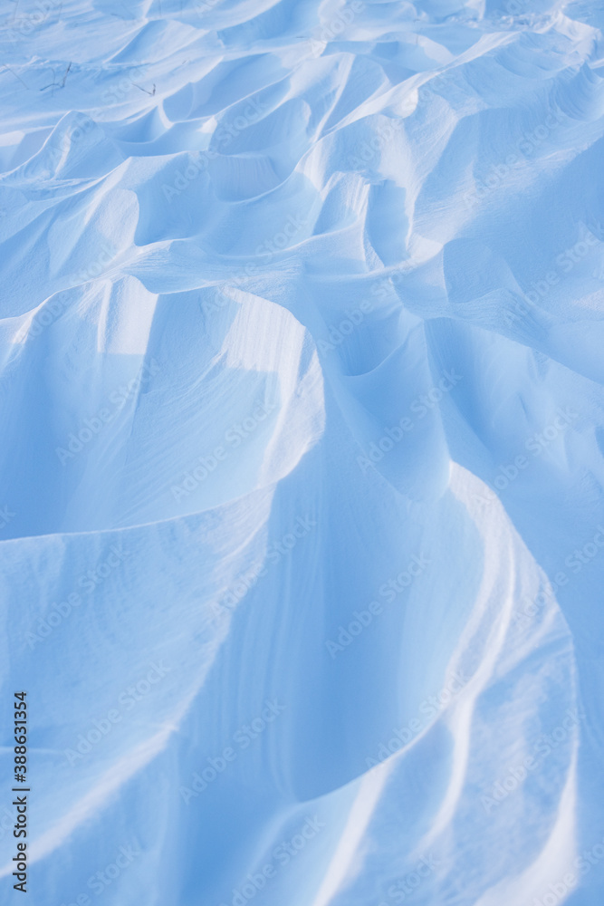 Fototapeta premium Snow texture. Wind sculpted patterns on snow surface. Wind in the tundra and in the mountains on the surface of the snow sculpts patterns and ridges (sastrugi). Arctic, Polar region. Winter background