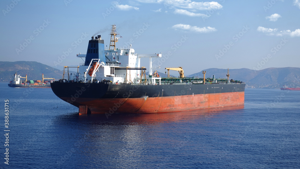 Detail photo of tanker ship anchored near port of Piraeus and island of Salamina, Saronic gulf, Attica, Greece