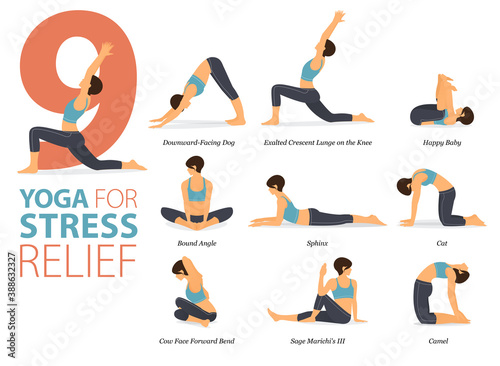9 Yoga poses or asana posture for workout in Stress Relief concept. Women exercising for body stretching. Fitness infographic. Flat cartoon vector.